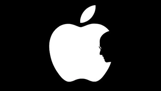 Apple logo with silhouette of Steve Jobs