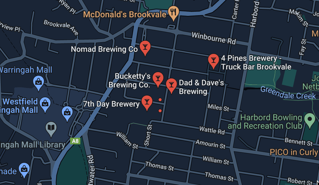 Map of breweries in brookvale